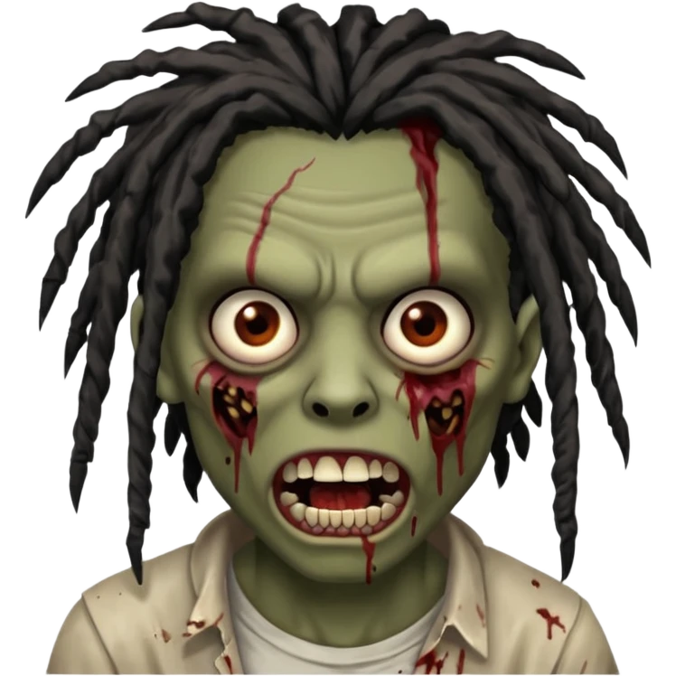 zombie with brown skin, messy black dreads hair, wide centered brown eyes, dark bloody marks under the eyes, and a slightly open mouth showing crooked teeth grillz, giving a distressed, undead look. emoji