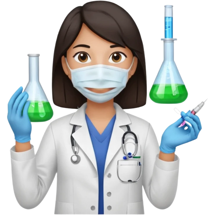 medica con guantes  y mascarilla e insumos laboratorio reactivo jerigan tubos  pelo negro largo triguella sin testoscopio emoji