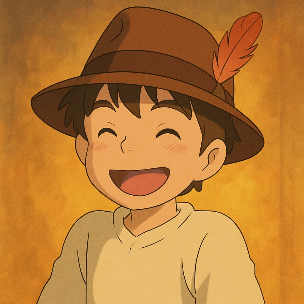 boy wearing a brown fedora with a feather, cheerful, warm lighting, Ghibli style emoji