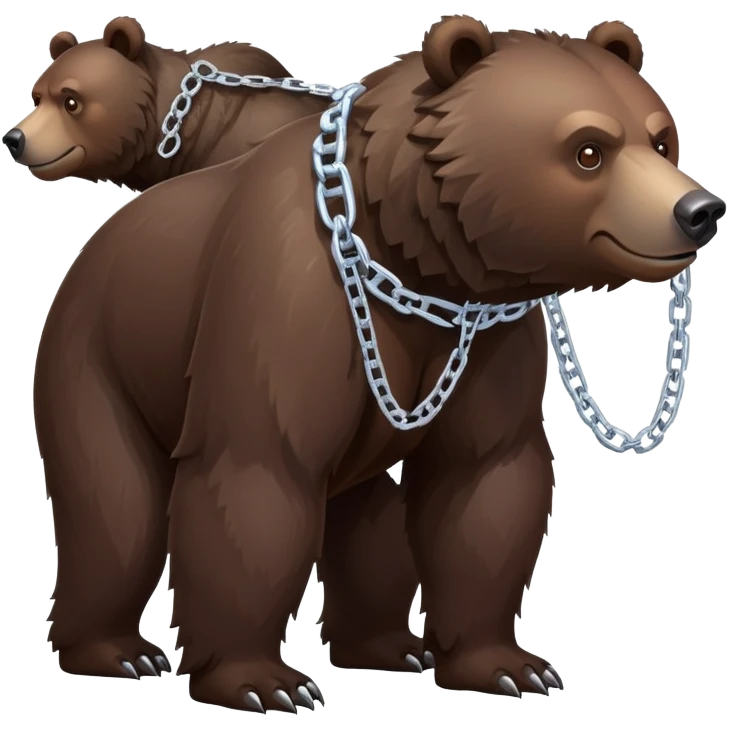 Dark chocolate brown grizzly bear shown from head to tail, standing on four legs, realistic appearance, serious face, ice chain collar, complete body emoji