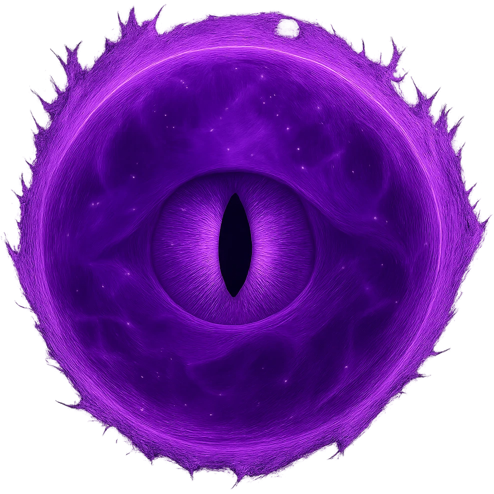 Change the green energy ball to a purple energy ball with a mystical eye in the center, keep the glowing and mystical effect, no background. Maintain the magical and ethereal appearance with vibrant purple hues and a glowing mystical eye at the core. emoji