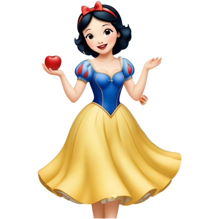 Cinematic Playful Snow White Portrait Emoji, Laughing while dancing with woodland animals, dress twirling gracefully, a whimsical sparkle in her eye, radiating charm and pure delight! emoji