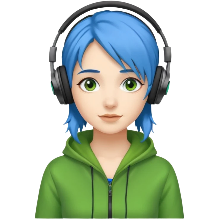 blue haired woman with headphone and green costumes  emoji