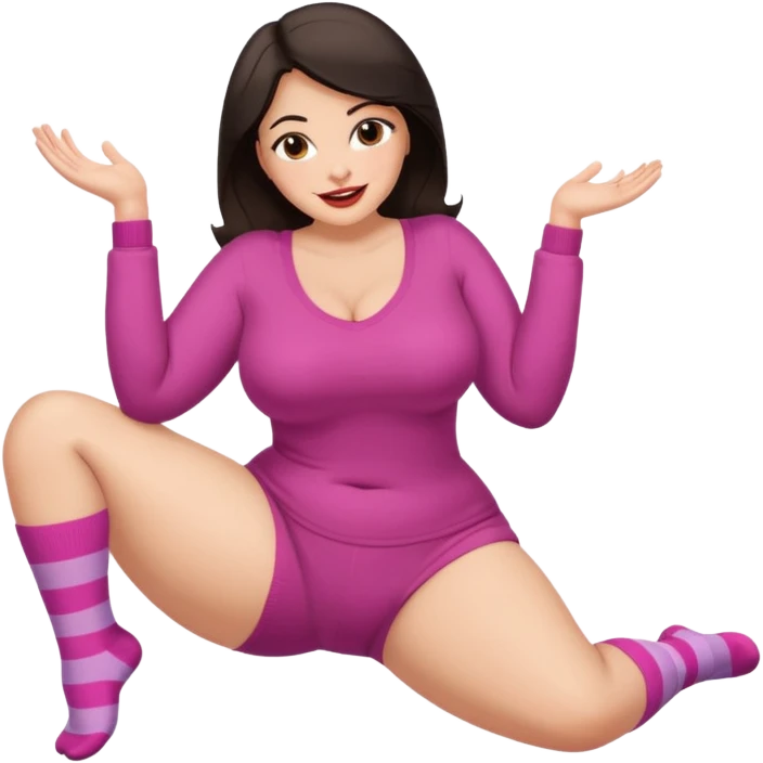 Cute curvy woman dark hair brown eyes big ass big chest skin coloured clothes socks legs up sole facing camera blushing face lip stick smile nervous emoji