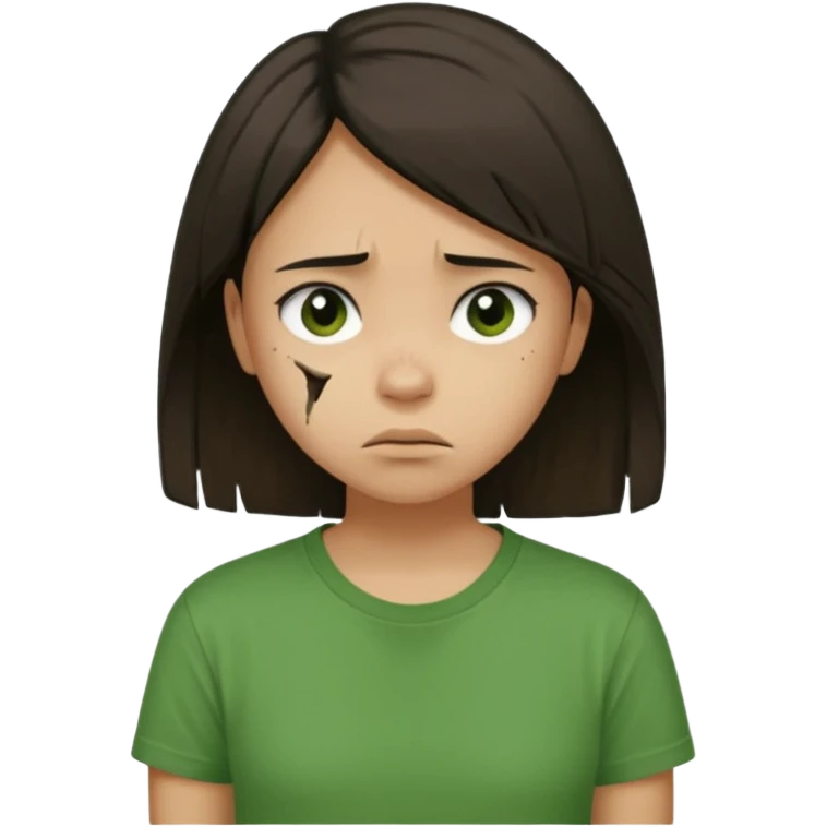 Young girl with straight, dark, damaged, and unkempt hair, wearing a green T-shirt, with a sad and discouraged expression. emoji