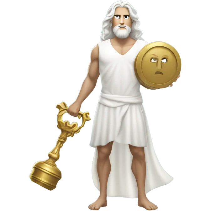 white man Poseidon lift gold weight . long white hair white dress. emoji