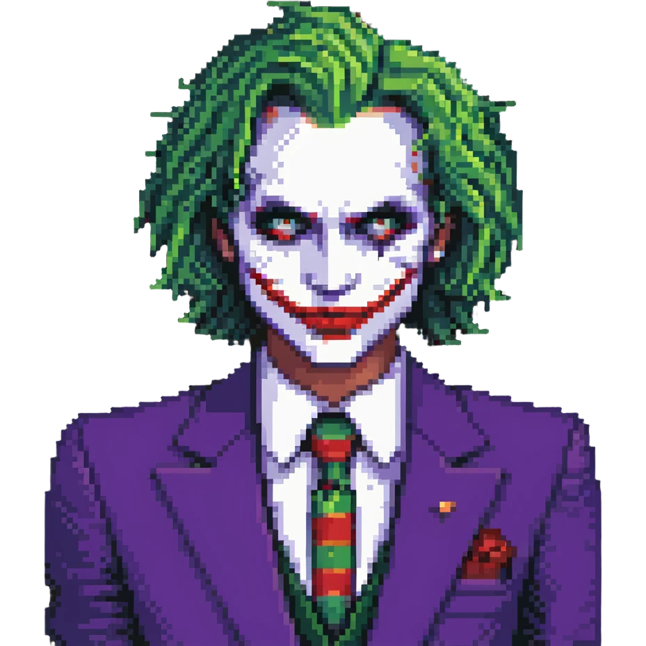 The Joker villain full body with green hair, purple suit, white face, red lips emoji