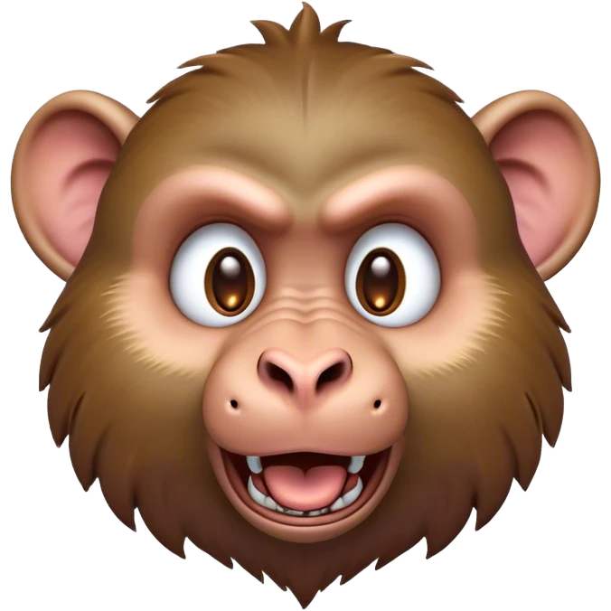 Cinematic Comical Baboon Portrait Emoji, Head tilted dramatically with an exaggeratedly amused expression, featuring a strikingly textured Fur of deep browns with wide, expressive eyes filled with playful disbelief, Simplified yet hilariously expressive features, highly detailed, glowing with a slightly sassy glow, high shine, dramatic yet playful, stylized with an air of cheeky mischief, bright and endearing, soft glowing outline, capturing the essence of a spirited and over-the-top baboon, so meme-worthy it feels like it could chatter its way into internet fame instantly! emoji
