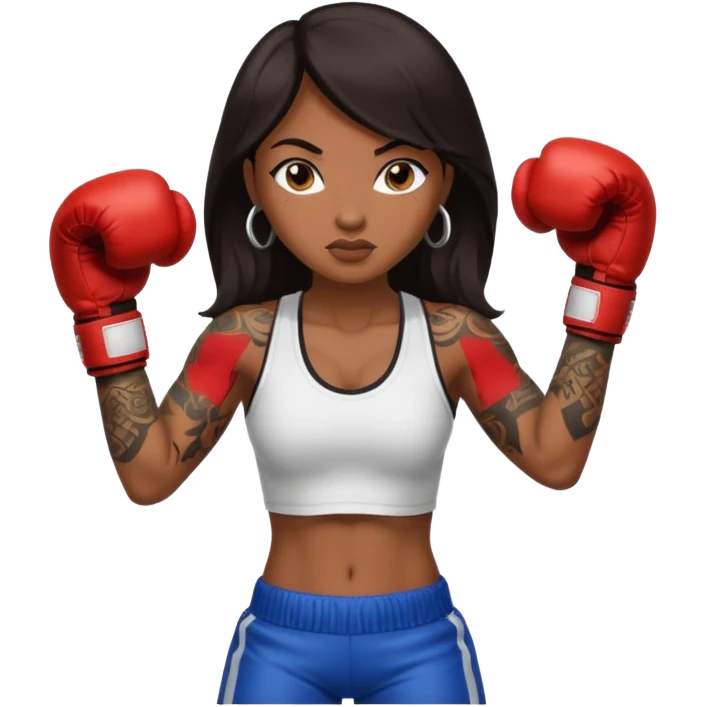 sexy brown skin girl with long dark hair, tattoes, muscles boxing emoji