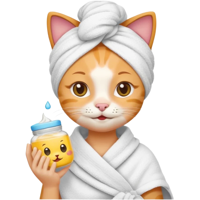 cute cat applying skin care cream with towel wrapped around head holding small jar fun emoji style emoji