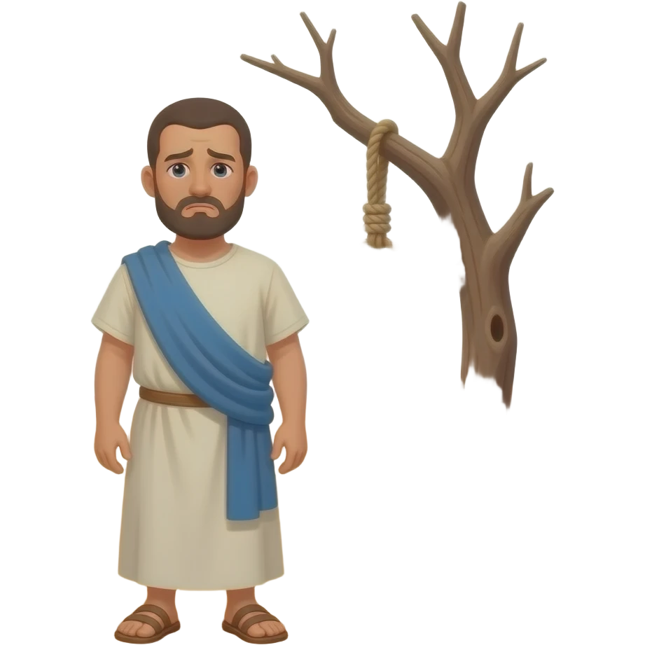A full bodied short hair man with a sad look on his face , wearing old clothing from biblical times , in a desolate barren land, with vultures on the ground, cros flying in the air and skull on the ground, standing in front of a dead tree, with a rope noose hanging from a tree limb emoji