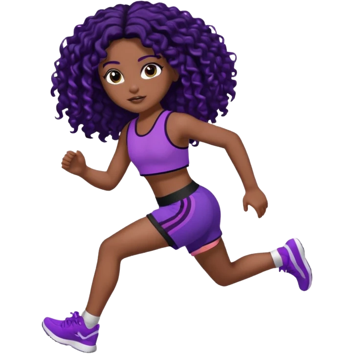 Uma boneca morena escura com olhos castanhos e cabelo cacheado longo preto até o peito, treinando correndo a roupa top curto, roxo com detalhes preto e short roxo com detalhes preto emoji