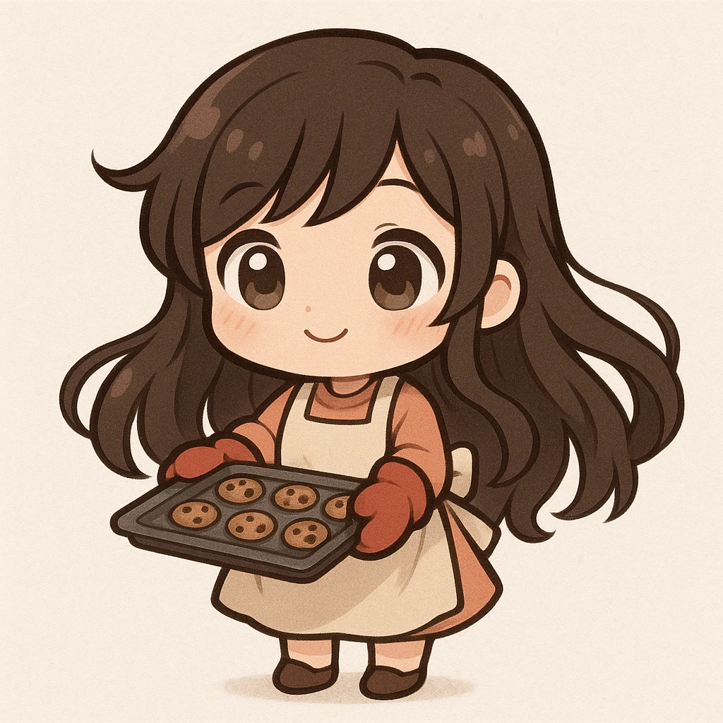 chibi-style brunette girl with short legs, long flowing hair, light-colored eyes, wearing an apron and baking cookies emoji