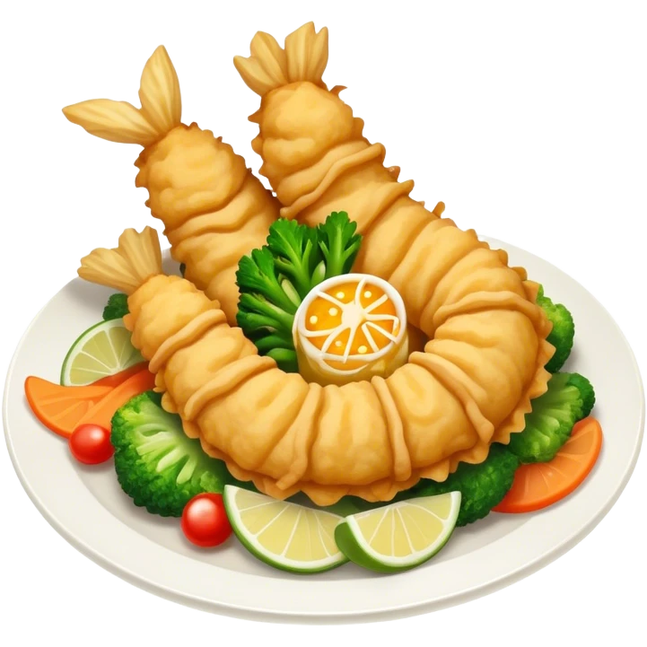 Tempura Cinematic Realistic Tempura Dish Emoji, depicted as extra crispy, lightly battered seafood and vegetables, rendered with vivid textures and dynamic, bright lighting. emoji