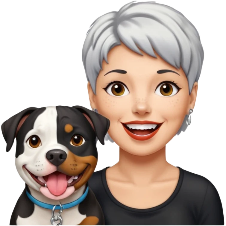 Pitt bull rottweiler white muzzle with black spots tongue out next to middle aged woman with short silver hair emoji