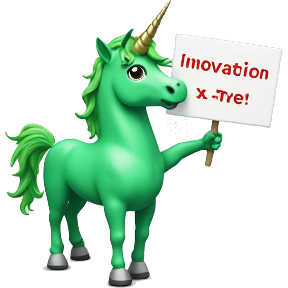 A green unicorn holding a sign that says "innovation Х5" emoji