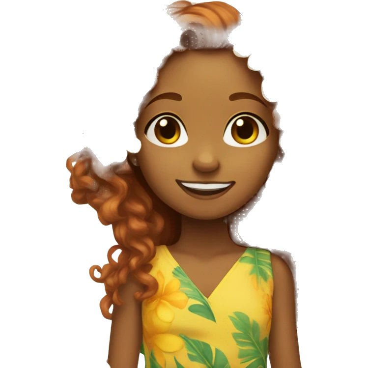 Brown skinned girl, long curly ginger hair, yellow Hawaiian flower in hair,  emoji