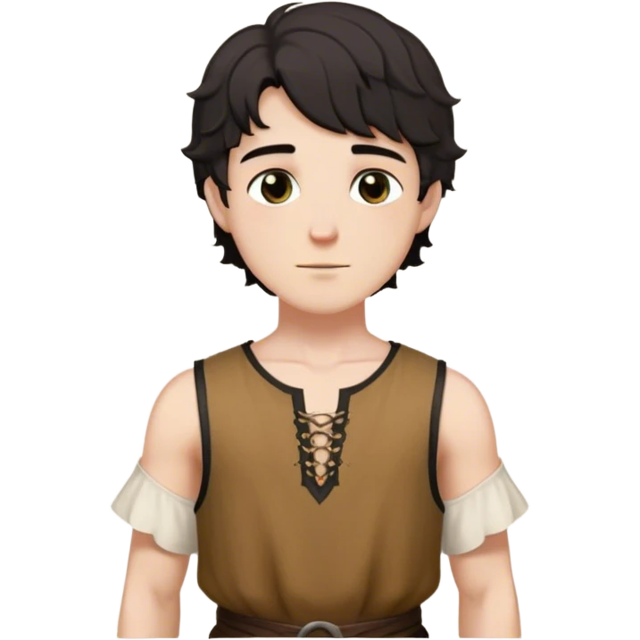 medieval summer outfit worn by a DnD themed fantasy male character. thin, sleeveless cotton tunic with a deep neckline and reinforced stitching around the shoulders. clothes only above the waist. The clothes full waist. The character's haven't arms. character is white-skinned, black hair, brown eyes, short wavy hair. emoji