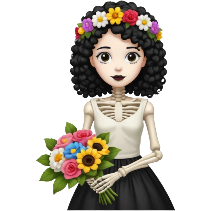Skeleton with Flower Crown, curley hair black, with flower bouquet emoji