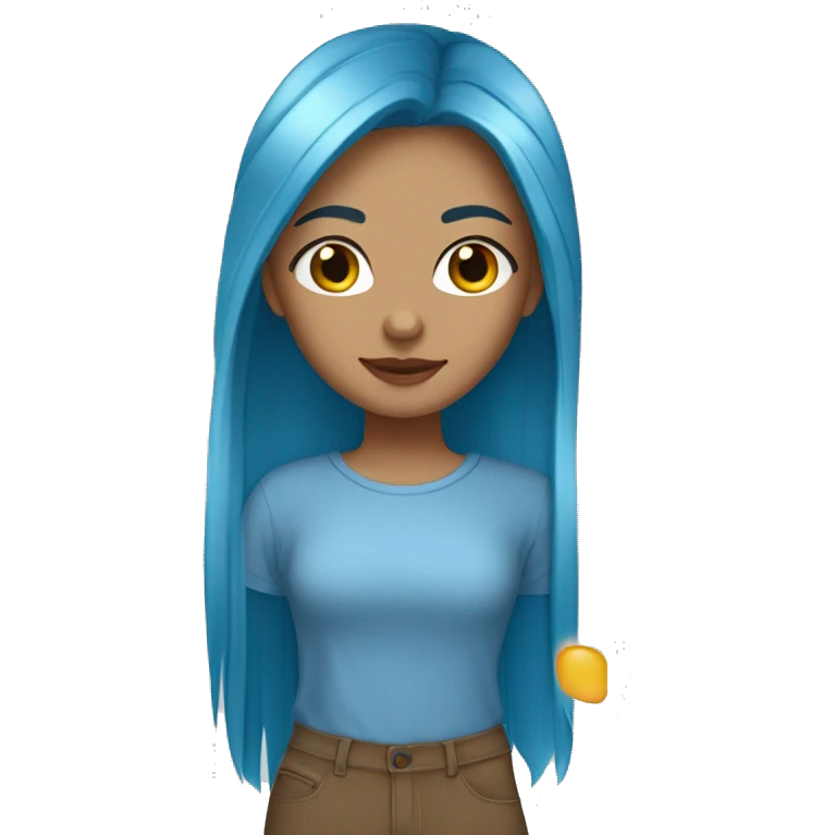 a girl with light tan skin, 511 T shirt  on,straight long blue hair, brown eyes, standing,very beautiful,very hot emoji