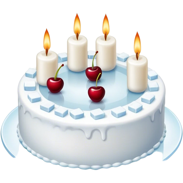 White ice cubes are used to make the shape of a cake, with a circle of bullet ice cubes around it and a cherry-shaped candle in the center emoji
