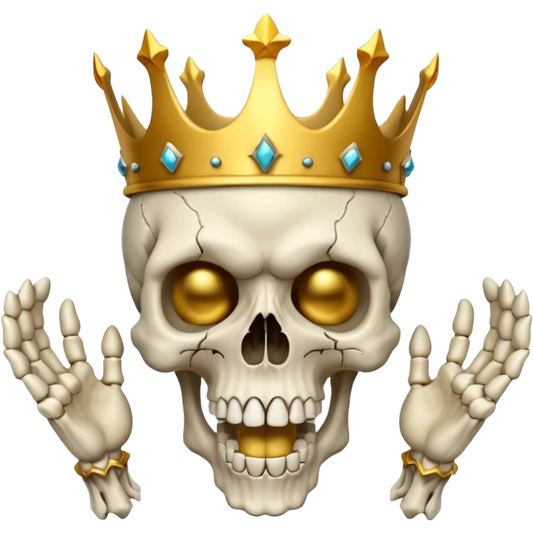 Demonic 3D skull holding its head by its two hand in shock, mouth open, wearing a golden crown, horror vibe emoji