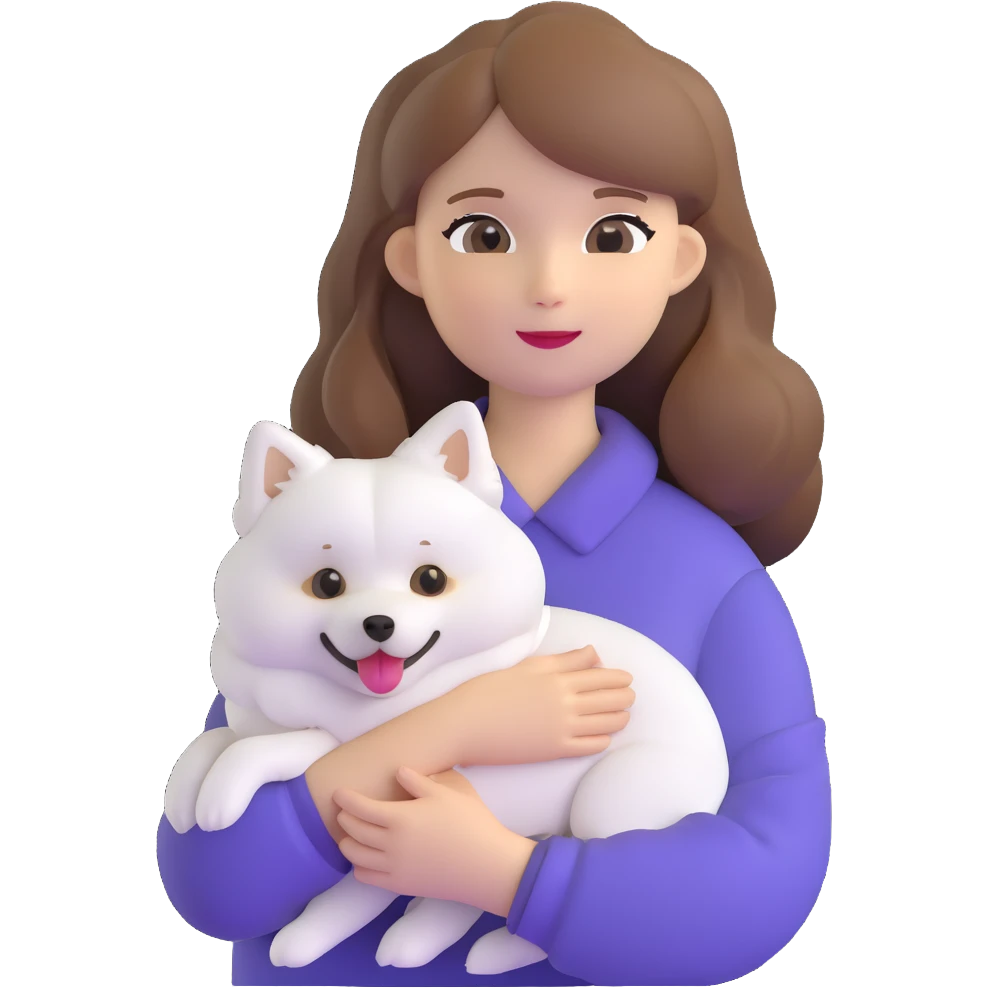 light brown hair girl with pale skin holding a Japanese spitz dog emoji