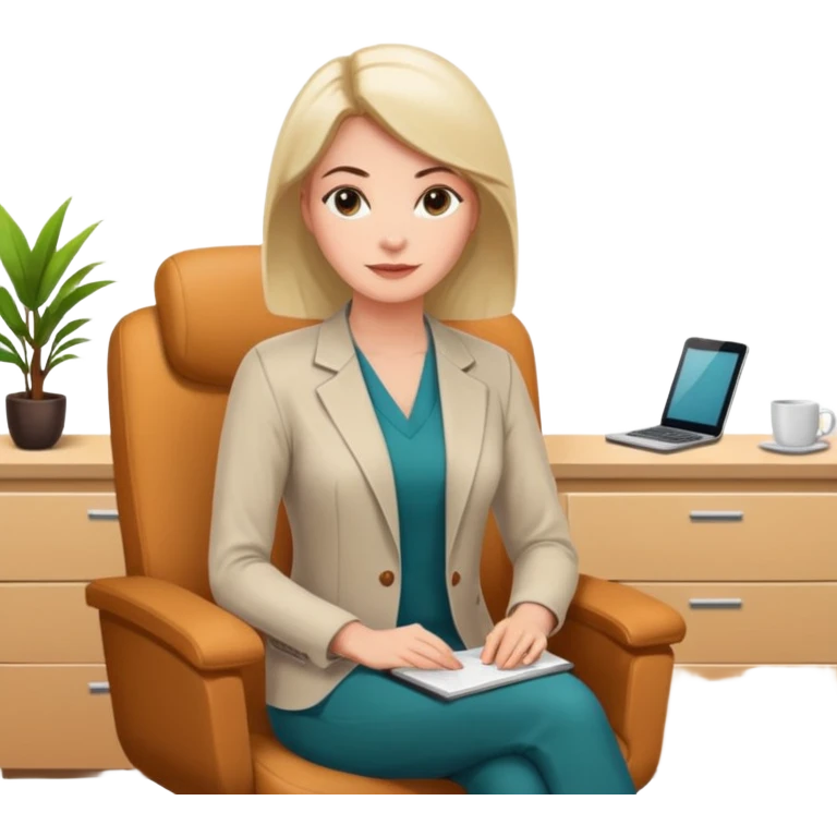 A professional female psychologist, friendly expression, sitting in a therapy office, modern and warm environment, neutral colors, realistic style, white background emoji