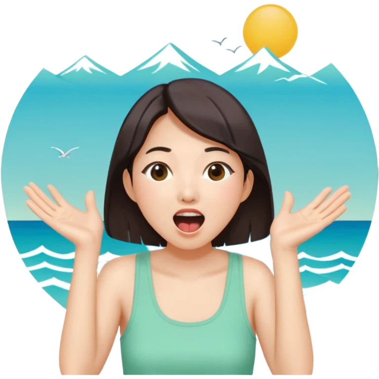 들뜬 표정의 20대 한국 여자, 여름 옷차림, 두 손으로 입을 감싸 “괌 가자~” 외치는 포즈. 민트색 배경, 밝고 유쾌한 광고 포스터 느낌, emoji