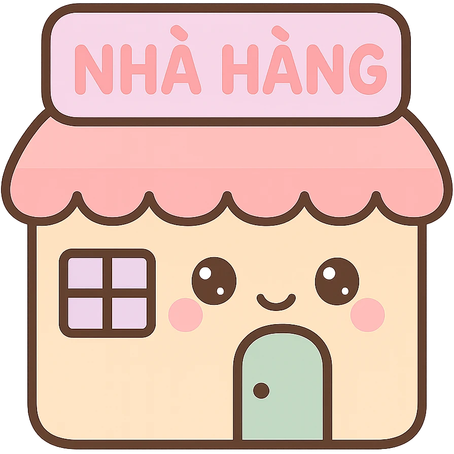 Change the restaurant sign to Vietnamese: 'nhà hàng', keep the kawaii chibi anime style with flat pastel colors, thick outlines, and simple cute features, transparent background. emoji