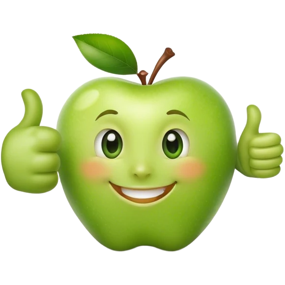A green apple with a big smile and expressive eyes giving a thumbs-up emoji