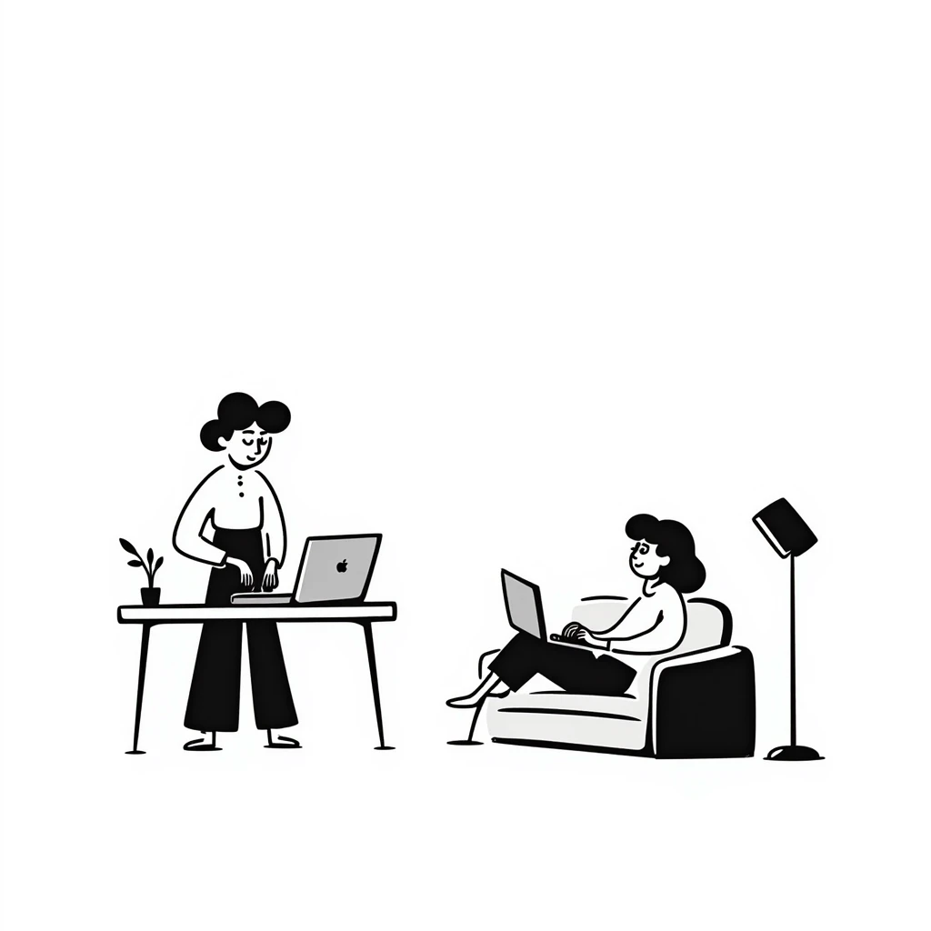 escenary 3d of a cozy mid-century living room with two people working on laptops, one man standing at a desk and one woman sitting on a couch, two walls and floor visible emoji