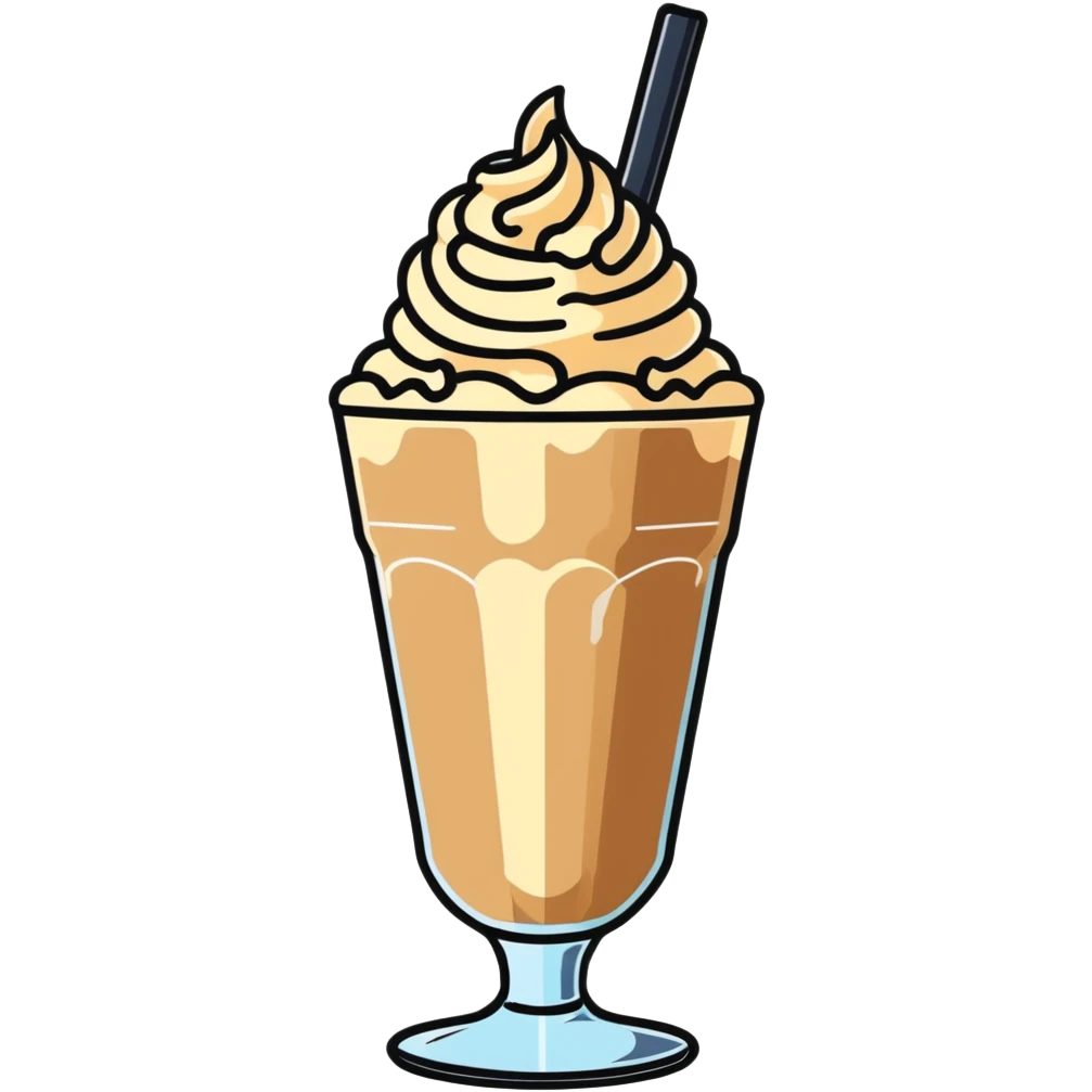 Cold coffee milkshake in a tall glass with ice cream on top emoji