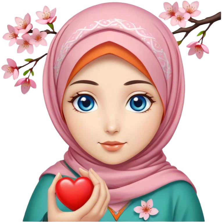 Turkish beautiful finish Konya girl blue eyes with cherry blossom flower orange green design hijab and hold heart in her hand  emoji