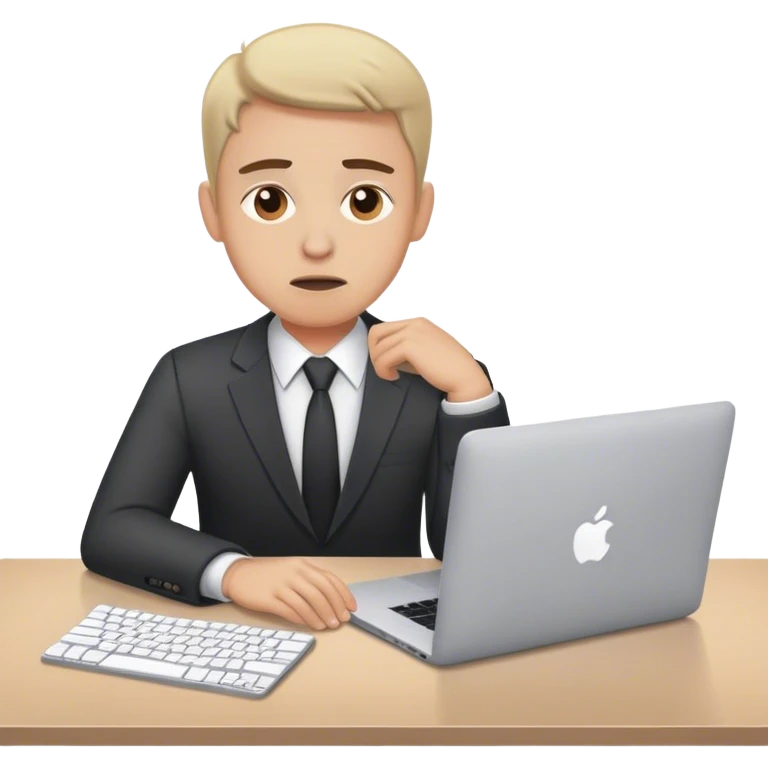 A worried manager sitting at a desk with a MacBook, hands on the keyboard, looking stressed emoji