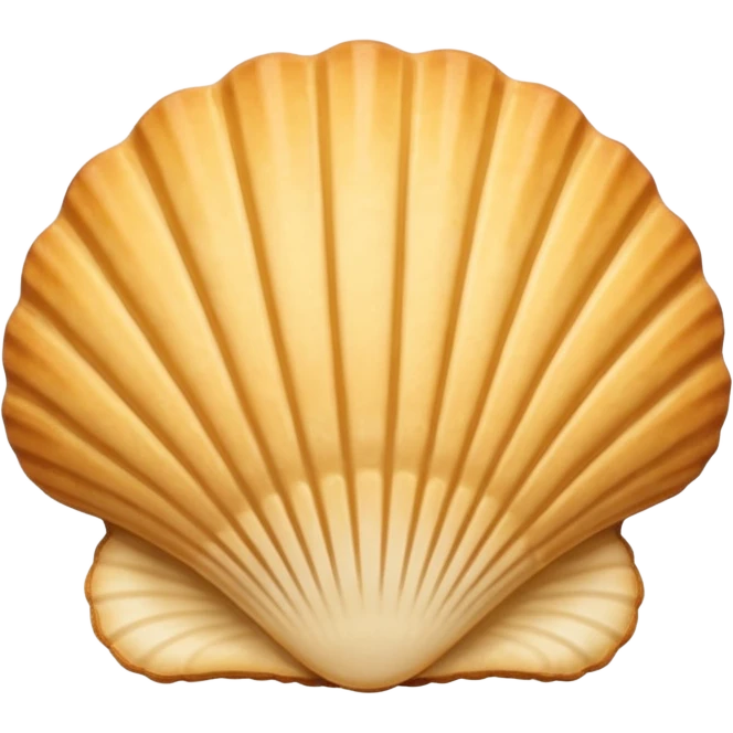 A madeleine pastry. Scalloped seashell shape with four to five vertical lines going in the same direction. Light golden brown. Scalloped edge. Cookie. Flat. emoji