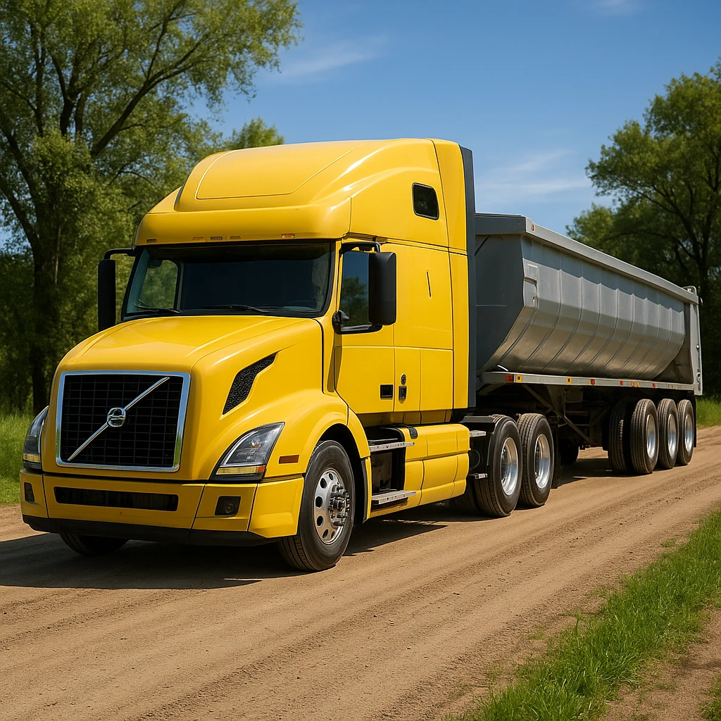 ultra-realistic Volvo yellow semi sleeper truck and silver end dump trailer, both in normal position, driving left down a photorealistic dirt road with trees and grass on both sides, blue sky emoji