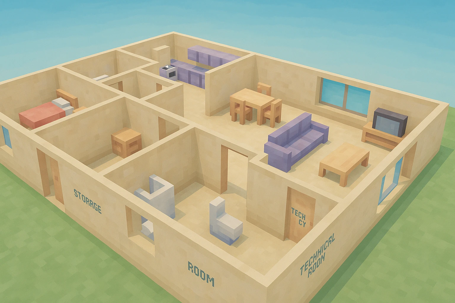 3D draft of the same floor plan: four bedrooms, two bathrooms, open space kitchen and living room, storage room, large window, dining table, sofa/TV, technical room. Immersive view, minimalist style, light colors. emoji
