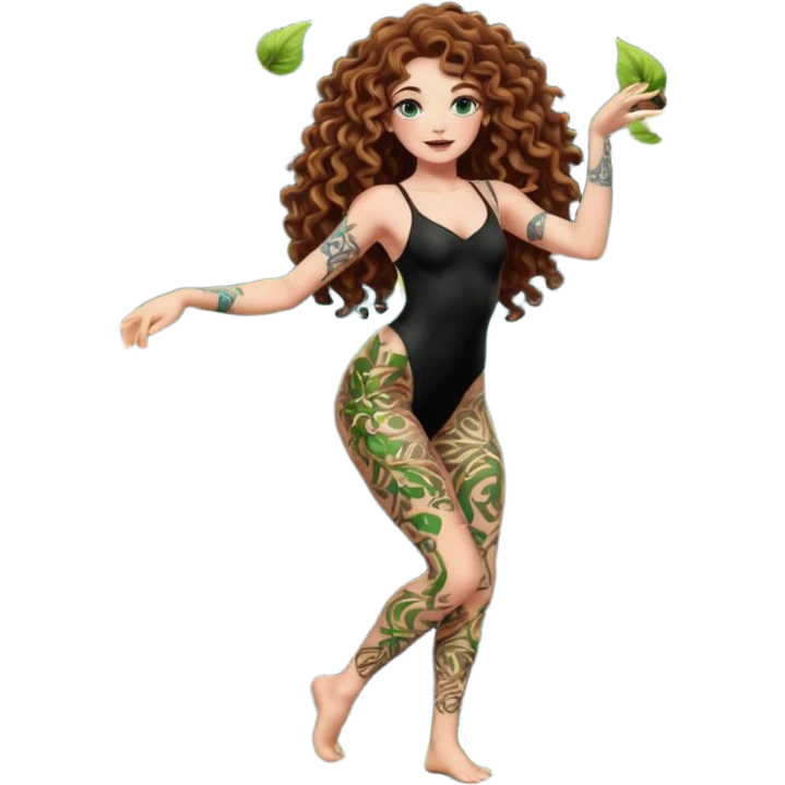 full body view of a woman with long curly brown hair, brown eyes, white skin, tattoos, dancing under glowing spores, fitted dark bodysuit with vine patterns emoji