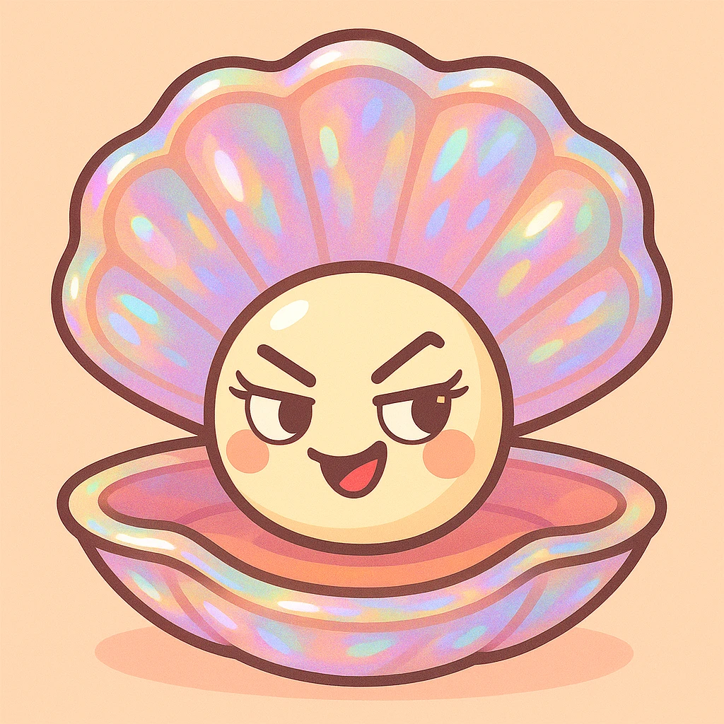 Add pearlescent effects on the oyster shell, make the oyster smaller and the shell bigger, keep the eyelashes and feminine touch, maintain the pastel toon style, background, colors, and mischievous expression as in the reference image. emoji