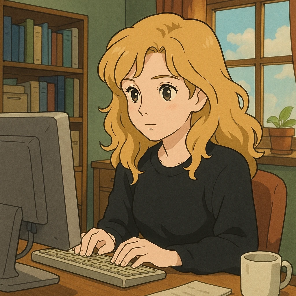 pretty brown-eyed blonde young woman with wavy hair, wearing a black sweater, working on a computer in a cozy office emoji