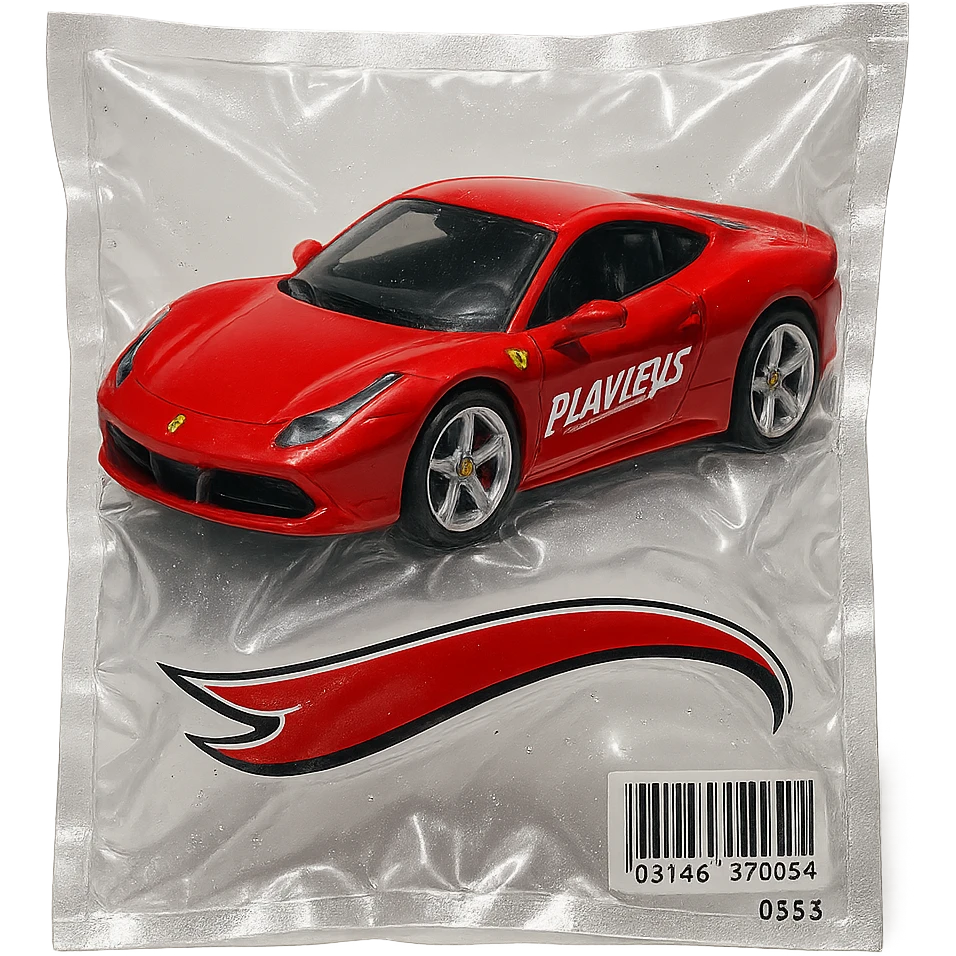 red Ferrari in Hot Wheels packaging, 'PLAVLEYS' in stylized racing script on the door, glossy vacuum-sealed style emoji