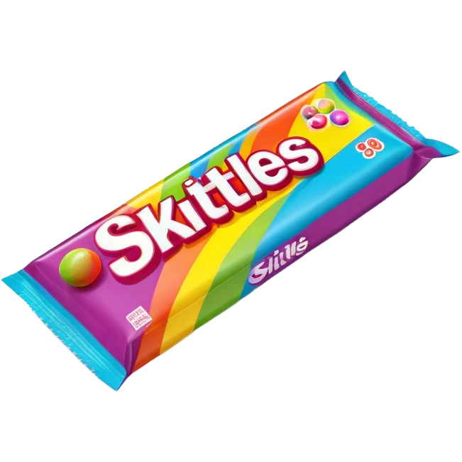 A 90s American Skittles candy package with bold colors, retro design elements, original 90s packaging with bright rainbow colors emoji