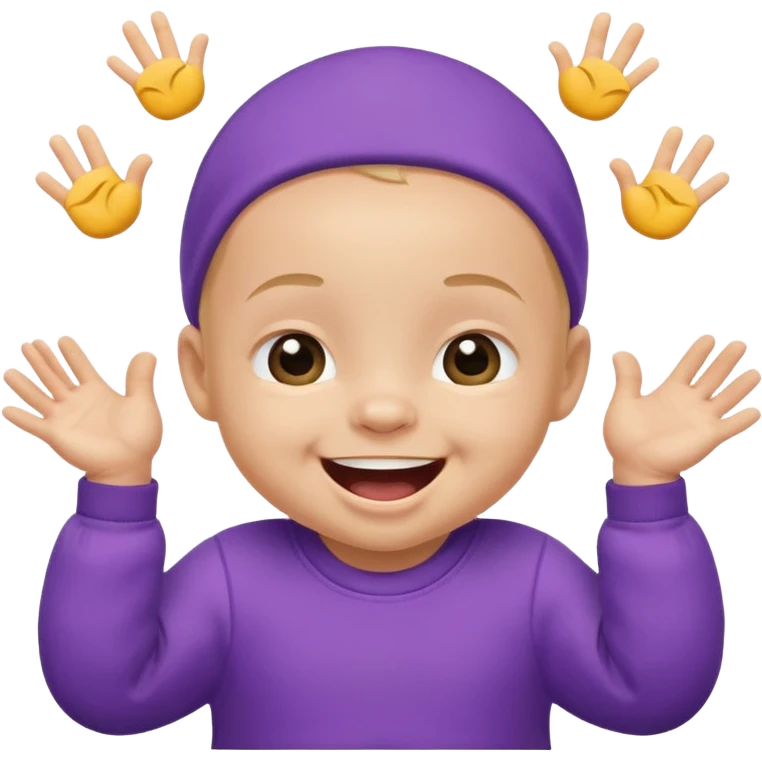 A baby wearing a purple onesie, laughing joyfully. hands down emoji