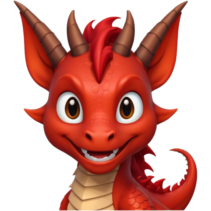 Cute Red dragon smile.  dark horns, pointed ears. Brown mane hair. Head only, Headshot emoji