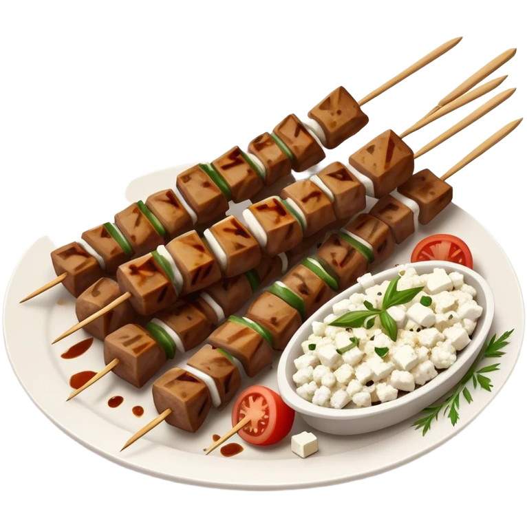 Souvlaki Cinematic Realistic Souvlaki Dish Emoji, depicted as skewered, grilled meat served with a side of crumbled feta cheese, rendered with rich textures and dynamic, appetizing lighting. emoji