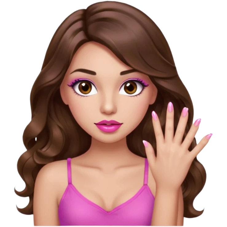 girl with long wavy brown hair, brown eyes, light to medium complexion, in a pink sexy top, pink puckered lips, long lashes, showing a manicure emoji