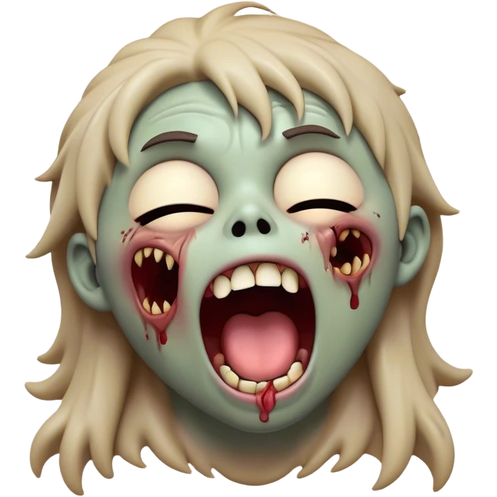 Cinematic Cute Yawning Zombie Portrait Emoji, with a delightfully quirky, slightly disheveled face in muted ashen tones, head tilted back in a big, funny yawn that reveals quirky stitches and playful gaps, simplified yet irresistibly charming, highly detailed with a soft, eerie glowing outline capturing the sleepy, offbeat vibe of a zombie taking a nap! emoji