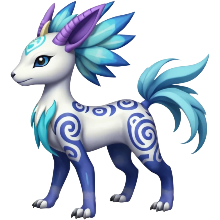 Tropical Tiny Marked Patterned Tribal Colorful Skilled Adept Graceful Asian Painted Garurumon-Meloetta-Absol-Suicune-Cobalion-fusion-hybrid-creature (full body) emoji
