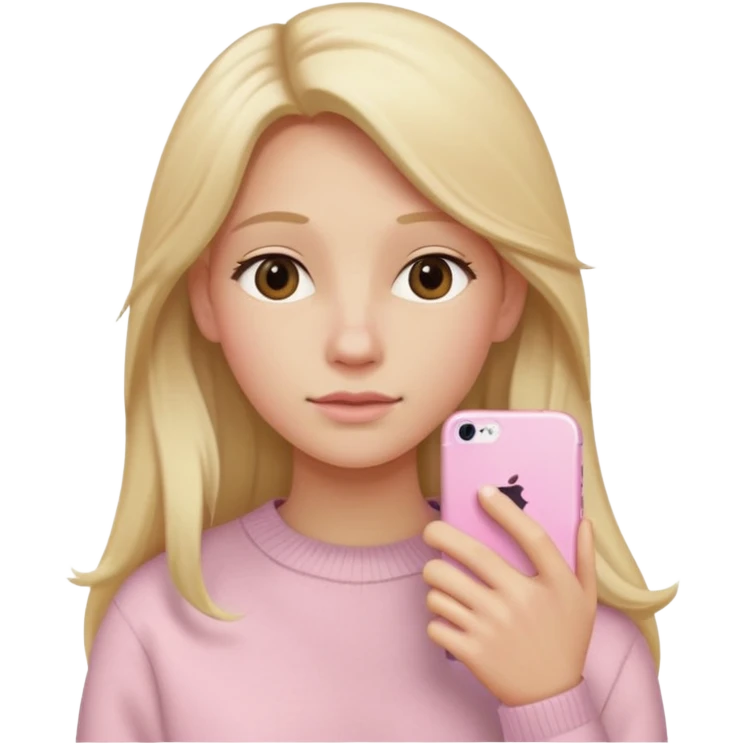 close up of a pastel pink iPhone to the ear, long blonde hair, beige sweater, iOS Apple emoji style emoji